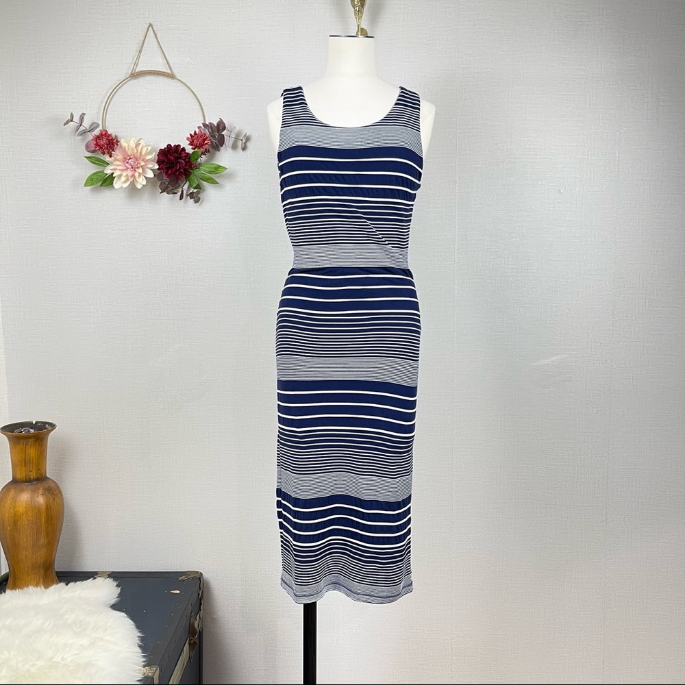 Maeve Anthropologie Women’s Navy Stripe Sleeveless Body-con Maxi Dress Size Sm